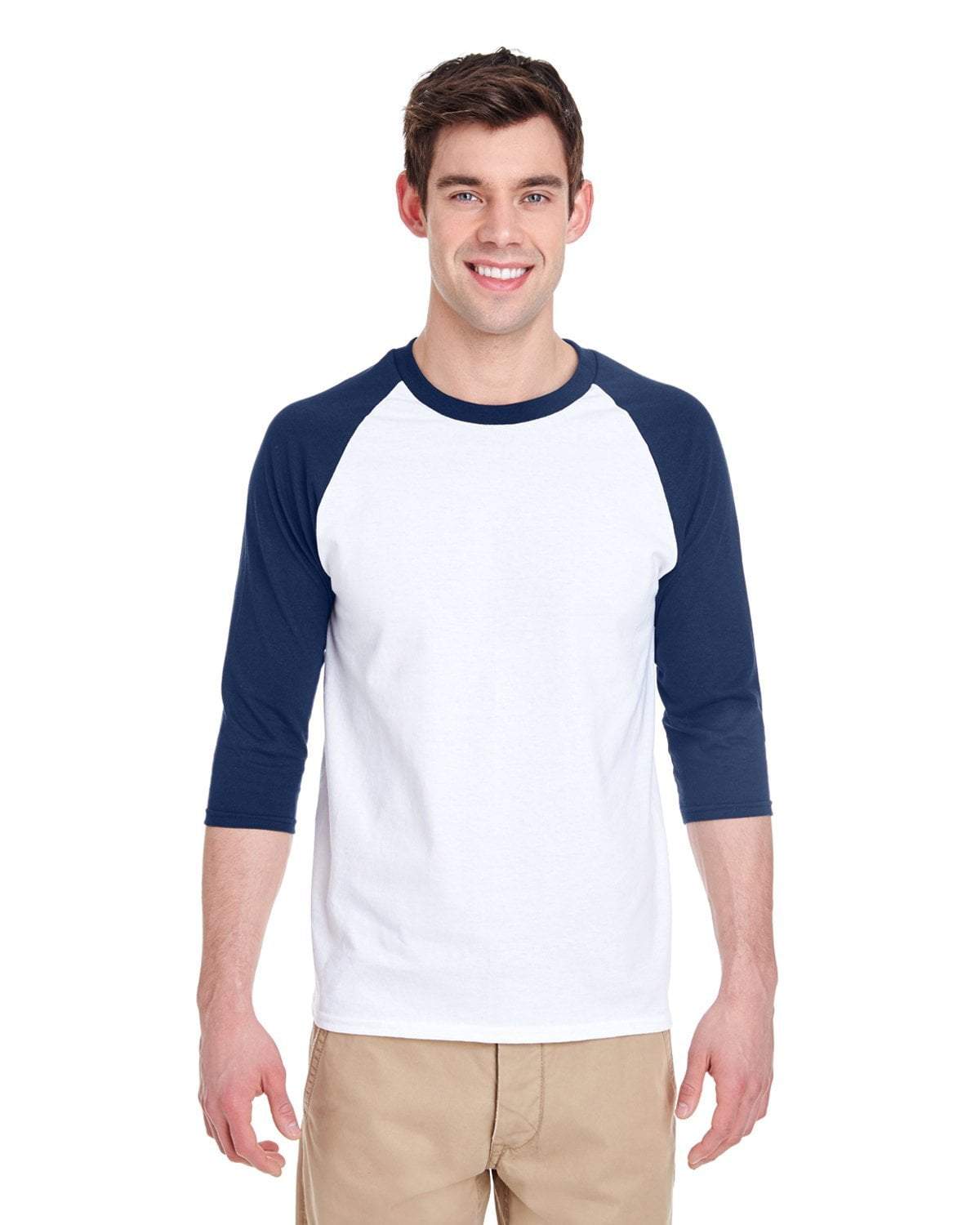 Gildan WHITE/NAVY / S Apparel Apparel | Raglan T-shirt Wholesale Craft Sign Vinyl Monroe GA 30656