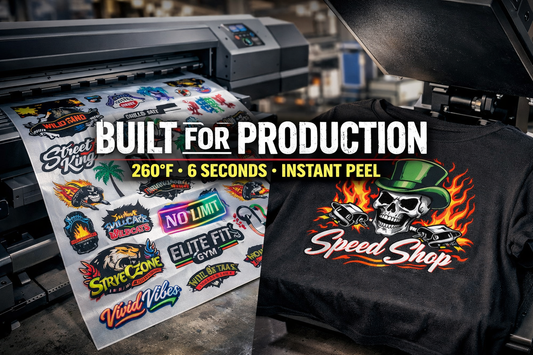 DTF transfers gangsheet and finished shirt showing fast production process 260°F 6 seconds instant peel JDC