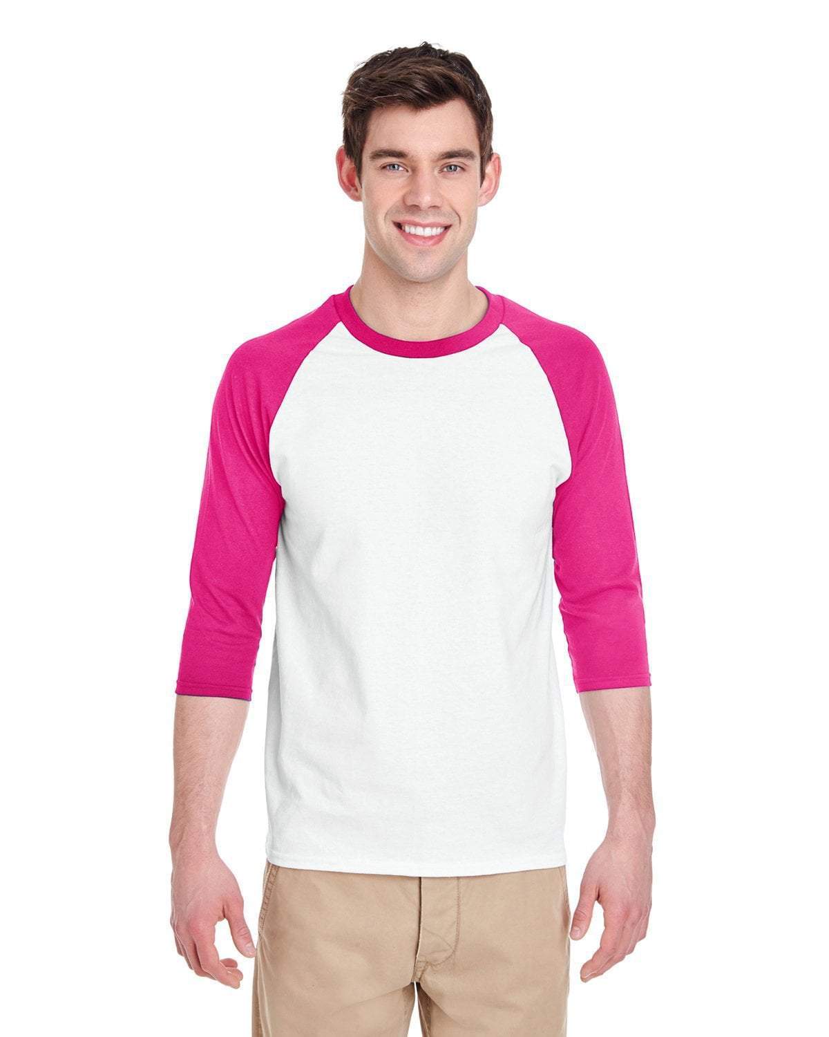 Gildan WHITE/HELICONIA / S Apparel Apparel | Raglan T-shirt Wholesale Craft Sign Vinyl Monroe GA 30656